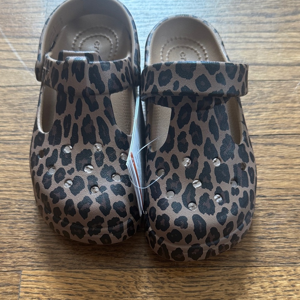 CROCS Kids Leopard Print Clogs in Brown and Black